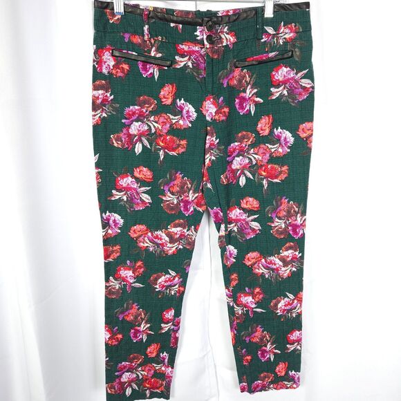 Anthropologie Cartonnier Womens 8 33x26 Green Floral Flower Charlie Ankle Pants - Picture 1 of 7